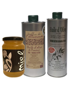 coffret-huile-olive-Fruite-Vert-AOP-BIO-Miel-france