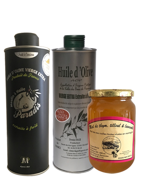 Coffret Huile olive à l'ancienne Extra Vierge du Gard 75cl, Huile olive AOP  Vallée des Baux de Provence 75cl et Miel de thym, tilleul & lavande 500g -  Vente Huile d'olive de